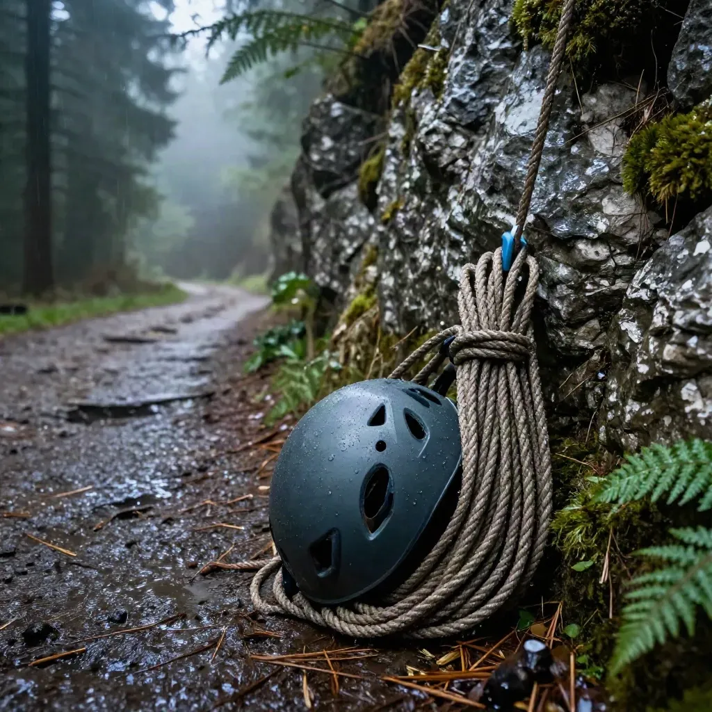 Sentiero umido nel bosco con corda arrotolata e casco ai piedi della falesia