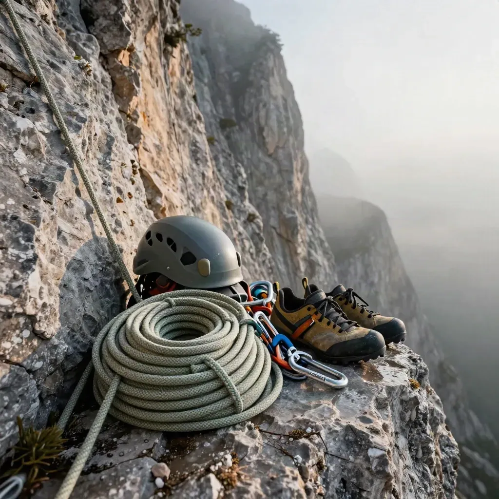 Corda, casco, ferrata e scarpette su cengia di calcare all’alba.