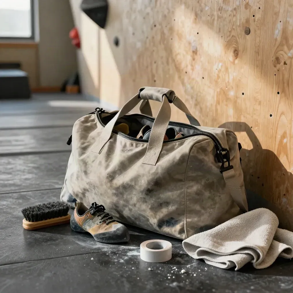 Borsone da arrampicata aperto con scarpette, spazzola, nastro e asciugamano su pavimento da palestra