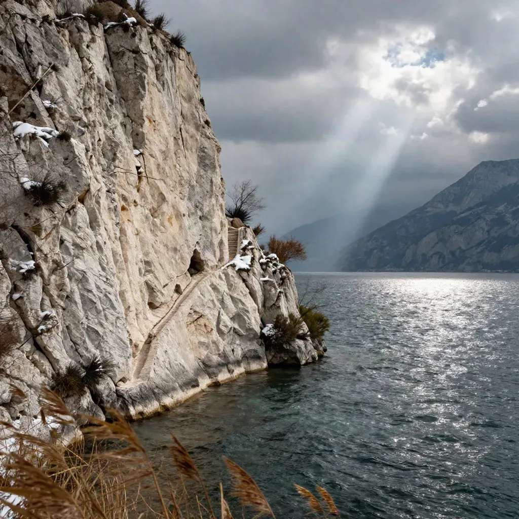 Falesia chiara del Garda sopra il lago, con sentiero, neve e riflessi mossi dal vento