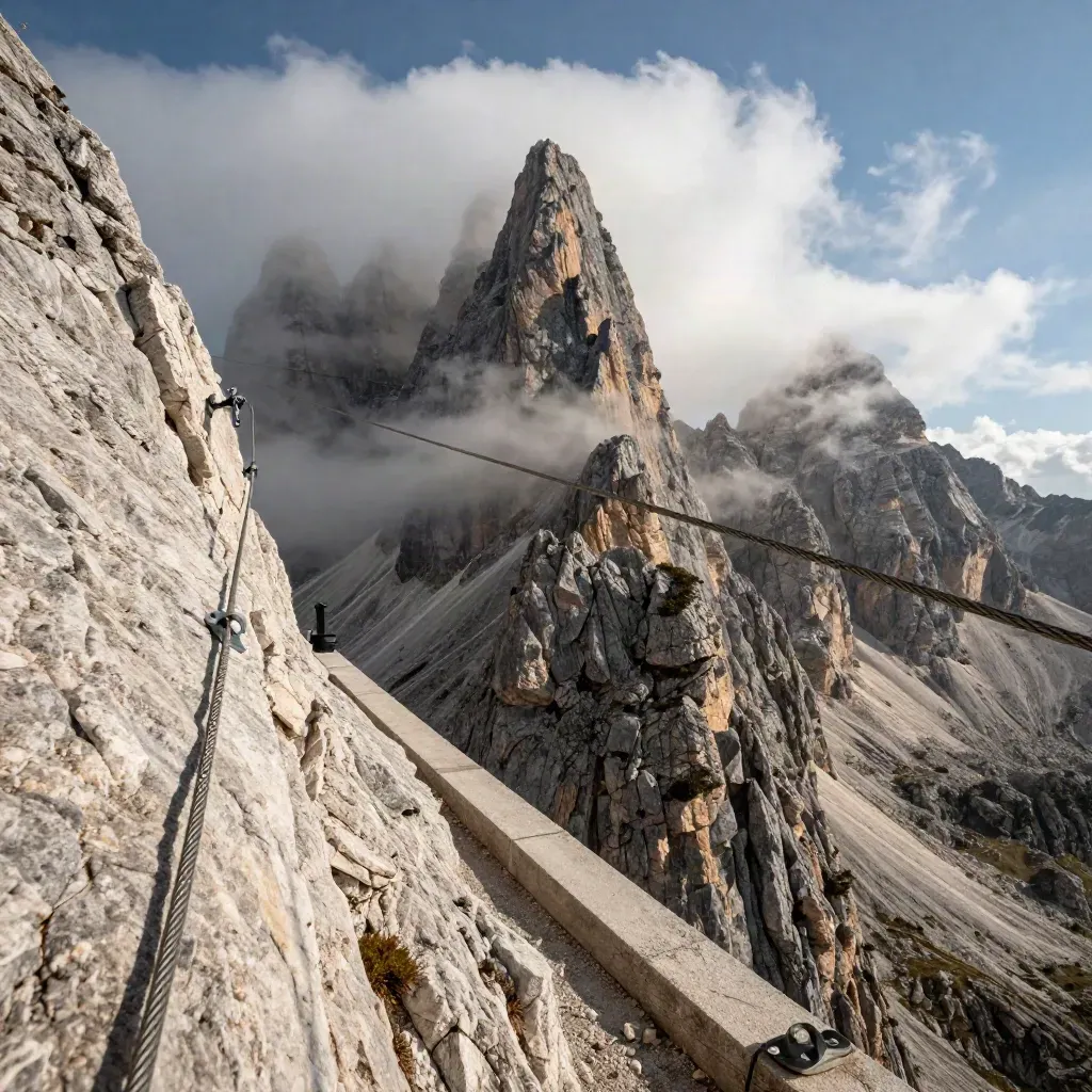 Ferrata esposta sulle Dolomiti, cavo teso e nuvole tra le guglie sul vuoto.