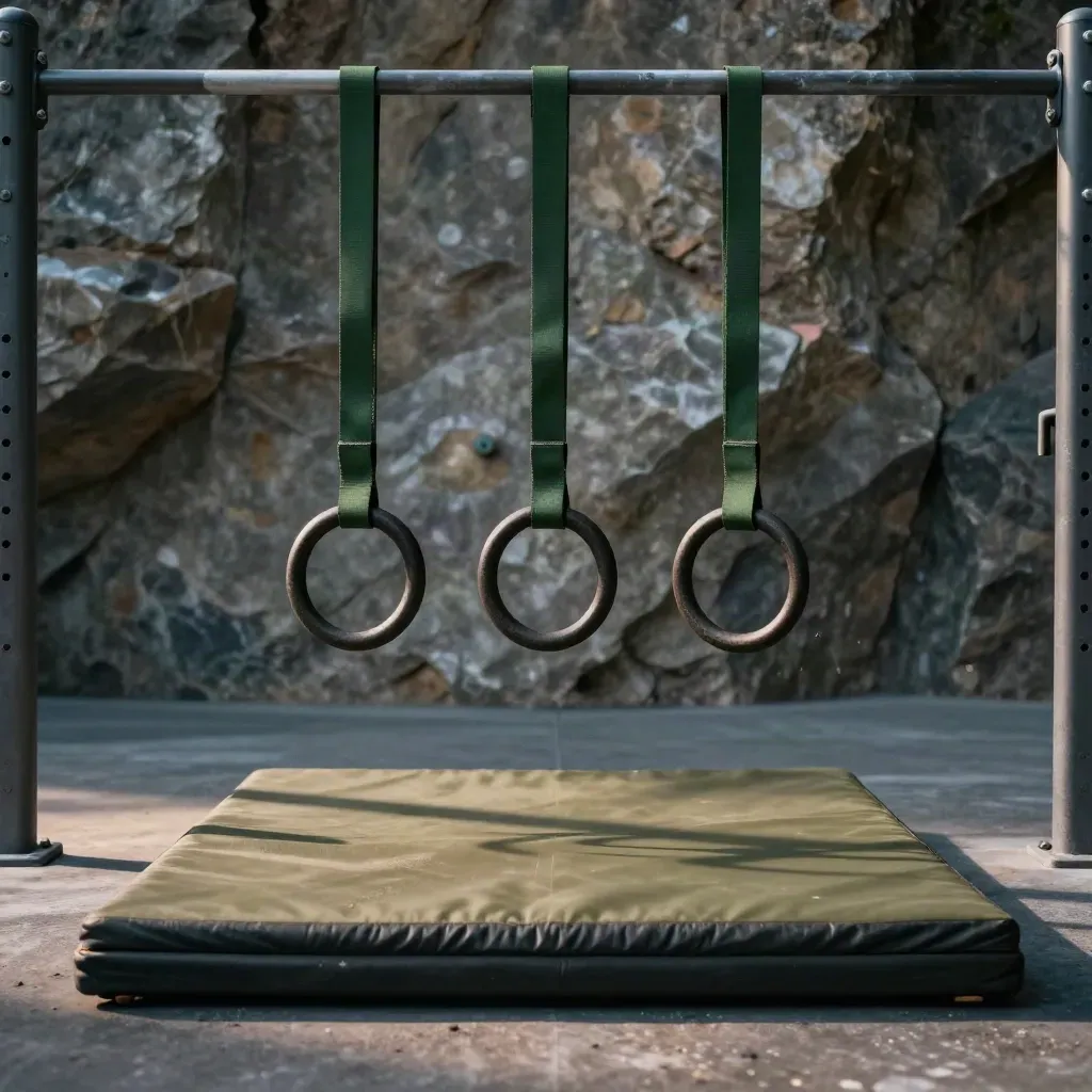 Anelli e sbarra da calisthenics davanti a crash mat e parete rocciosa al tramonto.